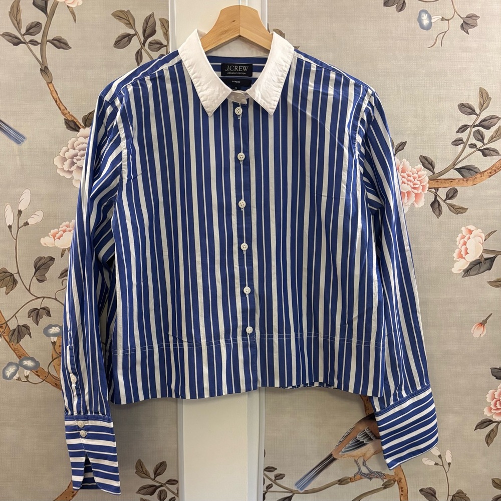 J.Crew Garcon blue stripe and white collar shirt, 10, crisp cotton